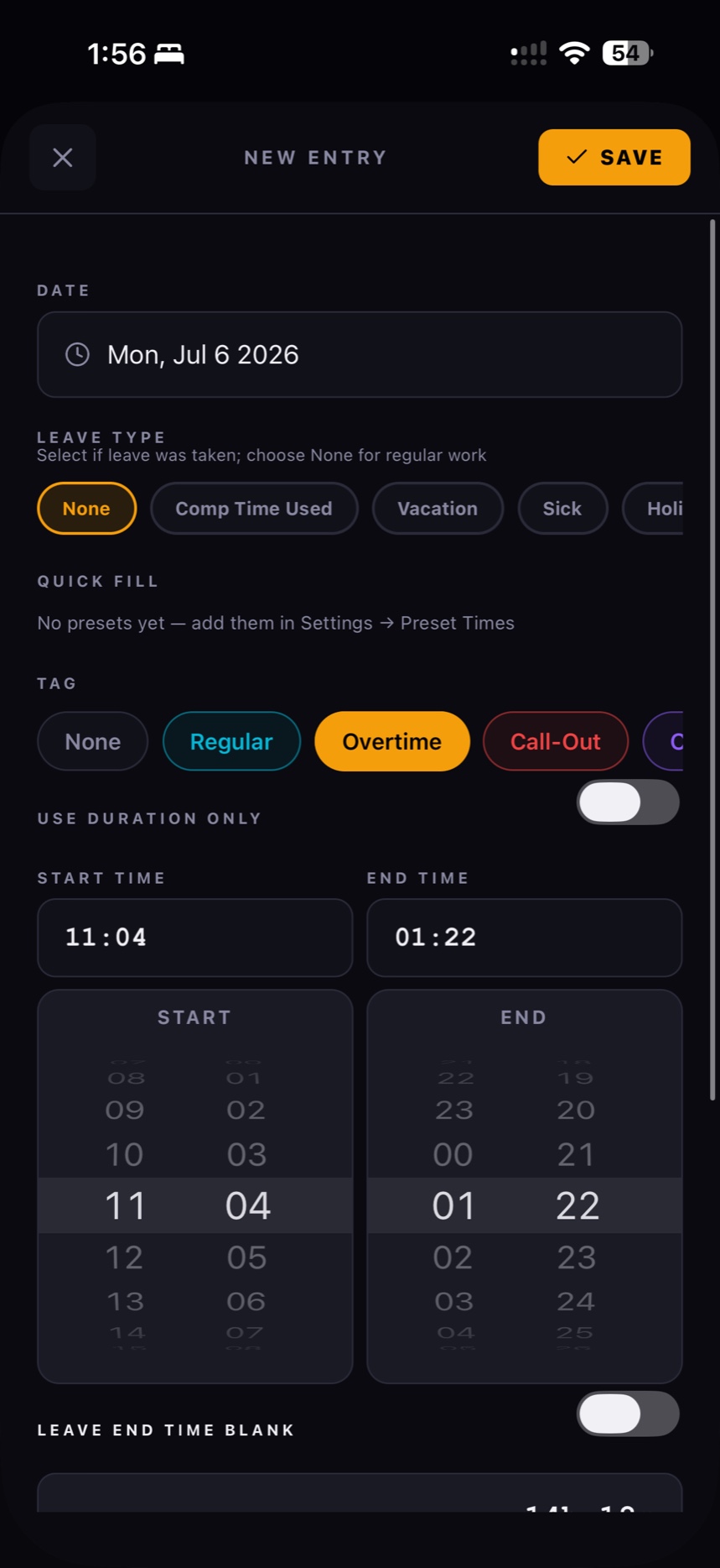 Flex 40 new entry screen showing leave types and custom tags including Overtime and Call-Out