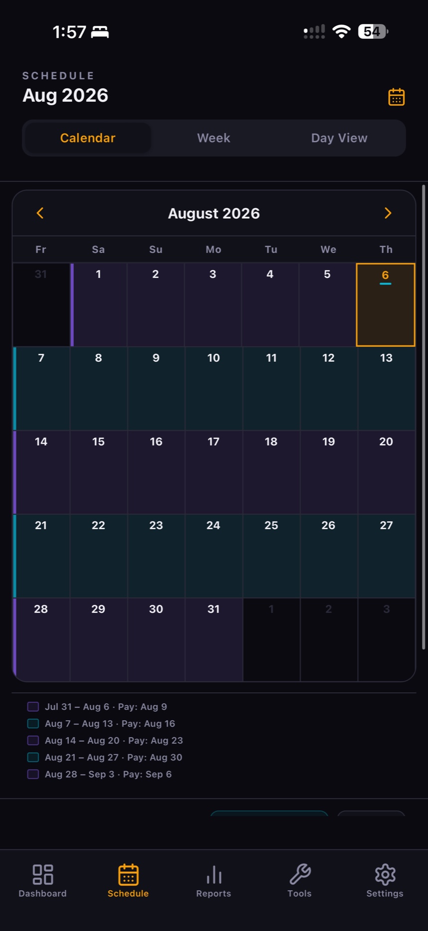 Flex 40 schedule calendar showing pay periods