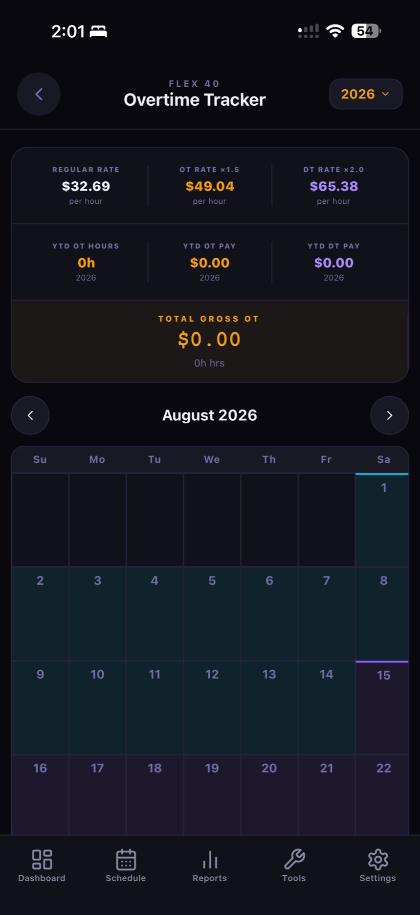 Flex 40 overtime tracker showing regular, overtime and double time rates
