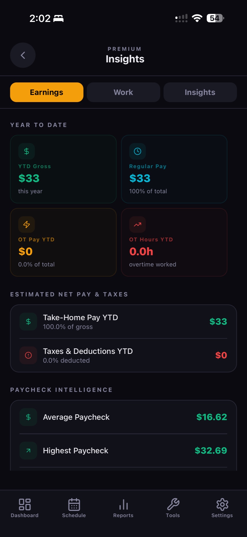 Flex 40 insights showing year to date earnings, taxes and paycheck intelligence